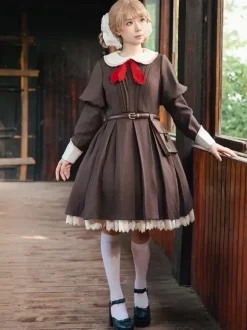 Robe Lolita classique en polyester nouée à manches longues noire classique