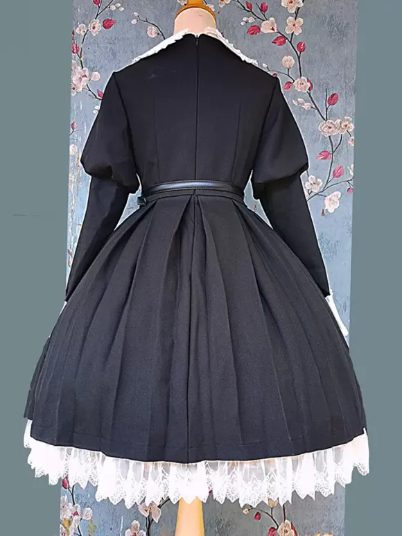 Robe Lolita classique en polyester nouée à manches longues noire classique