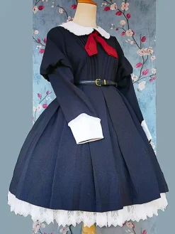 Robe Lolita classique en polyester nouée à manches longues noire classique