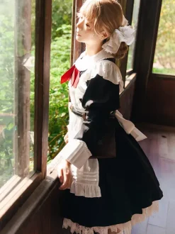 Robe Lolita classique en polyester nouée à manches longues noire classique
