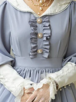 Robe Lolita Classique Polyester Volants Robes Lolita Manches Longues Classique Bleu Bébé