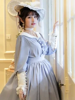 Robe Lolita Classique Polyester Volants Robes Lolita Manches Longues Classique Bleu Bébé