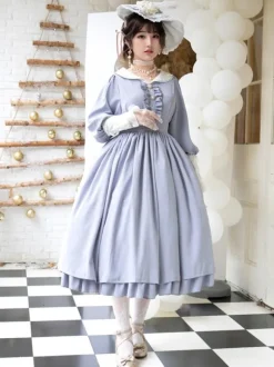 Robe Lolita Classique Polyester Volants Robes Lolita Manches Longues Classique Bleu Bébé