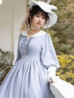 Robe Lolita Classique Polyester Volants Robes Lolita Manches Longues Classique Bleu Bébé