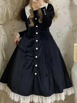 Robe Lolita Classique Velours Manches Courtes Bloc de Couleur Robes Lolita Classique Bleu Foncé