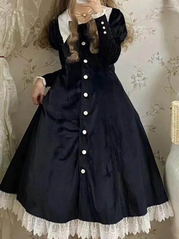 Robe Lolita Classique Velours Manches Courtes Bloc de Couleur Robes Lolita Classique Bleu Foncé