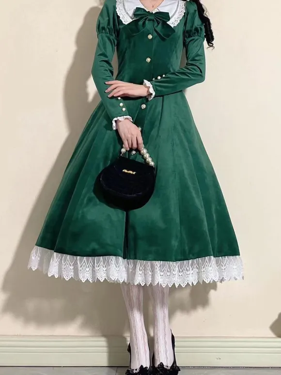 Robe Lolita Classique Velours Manches Courtes Bloc de Couleur Robes Lolita Classique Bleu Foncé
