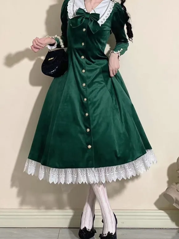 Robe Lolita Classique Velours Manches Courtes Bloc de Couleur Robes Lolita Classique Bleu Foncé