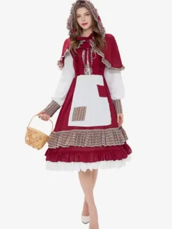 Robe Lolita classique à volants et manches longues à carreaux Robe Lolita classique bordeaux