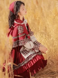 Robe Lolita classique à volants et manches longues à carreaux Robe Lolita classique bordeaux
