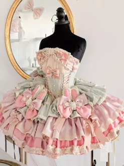 Robe Lolita douce avec n艙ud en ruban style ballet oreilles de lapin robe gâteau robe courte à volants rose-vert