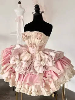 Robe Lolita douce avec n艙ud en ruban style ballet oreilles de lapin robe gâteau robe courte à volants rose-vert
