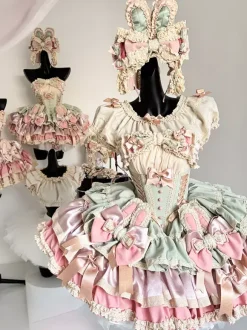 Robe Lolita douce avec n艙ud en ruban style ballet oreilles de lapin robe gâteau robe courte à volants rose-vert