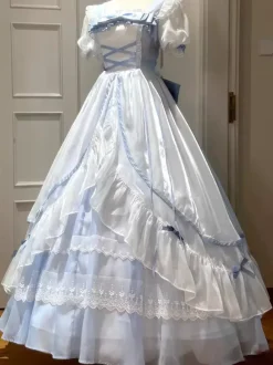 Robe Lolita douce en maille de soie à manches courtes robe à volants superposés style thé robe longue