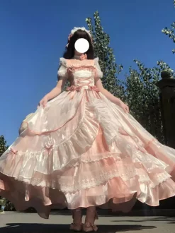 Robe Lolita douce en maille de soie à manches courtes robe à volants superposés style thé robe longue