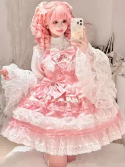 Robe Lolita douce en polyester sans manches volants multicouches n艙ud papillon tenue de soirée Hime Lolita JSK