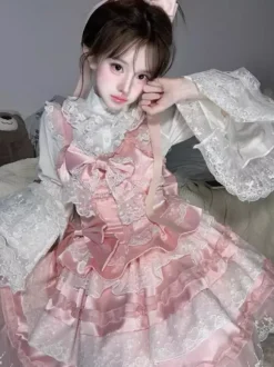Robe Lolita douce en polyester sans manches volants multicouches n艙ud papillon tenue de soirée Hime Lolita JSK