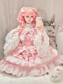 Robe Lolita douce en polyester sans manches volants multicouches n艙ud papillon tenue de soirée Hime Lolita JSK