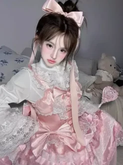 Robe Lolita douce en polyester sans manches volants multicouches n艙ud papillon tenue de soirée Hime Lolita JSK