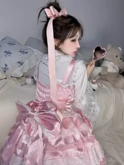 Robe Lolita douce en polyester sans manches volants multicouches n艙ud papillon tenue de soirée Hime Lolita JSK
