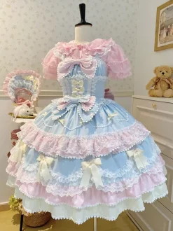 Robe Lolita douce en polyester sans manches avec n艙uds et chapeau rose