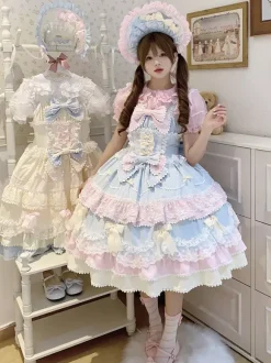 Robe Lolita douce en polyester sans manches avec n艙uds et chapeau rose
