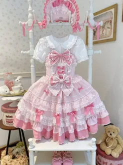 Robe Lolita douce en polyester sans manches avec n艙uds et chapeau rose