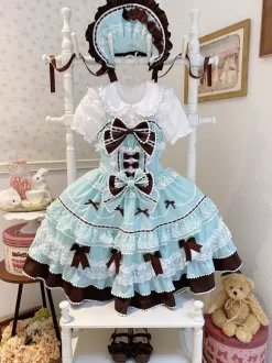 Robe Lolita douce en polyester sans manches avec n艙uds et chapeau rose