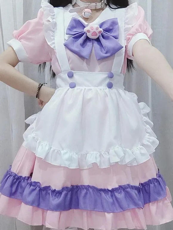 Robe Lolita douce en polyester manches courtes à volants tenue de demoiselle d'honneur