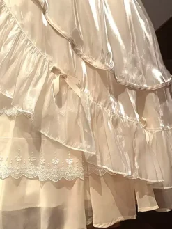 Robe Lolita Douce Fluide Manches Courtes En Dentelle Conte De Fées Décontracté N艙uds Volants Tulle Blanc