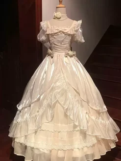 Robe Lolita Douce Fluide Manches Courtes En Dentelle Conte De Fées Décontracté N艙uds Volants Tulle Blanc