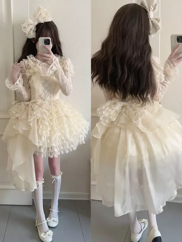 Robe Lolita douce Hime en polyester sans manches pull doux à volants robe Lolita abricot