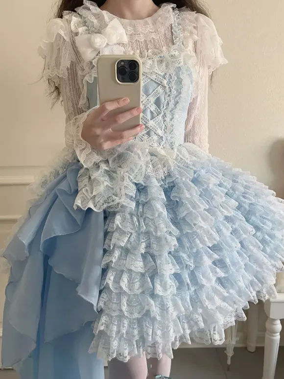 Robe Lolita douce Hime en polyester sans manches pull doux à volants robe Lolita abricot