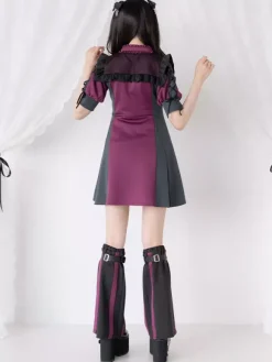 Robe Lolita en maille à volants col manches courtes bloc de couleurs fermeture éclair manteau uniforme de sous-culture
