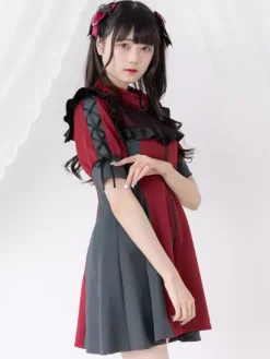 Robe Lolita en maille à volants col manches courtes bloc de couleurs fermeture éclair manteau uniforme de sous-culture