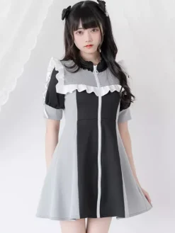 Robe Lolita en maille à volants col manches courtes bloc de couleurs fermeture éclair manteau uniforme de sous-culture