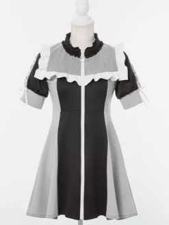 Robe Lolita en maille à volants col manches courtes bloc de couleurs fermeture éclair manteau uniforme de sous-culture
