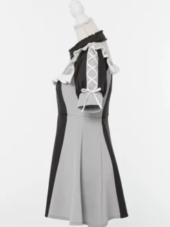 Robe Lolita en maille à volants col manches courtes bloc de couleurs fermeture éclair manteau uniforme de sous-culture