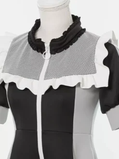 Robe Lolita en maille à volants col manches courtes bloc de couleurs fermeture éclair manteau uniforme de sous-culture