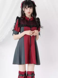 Robe Lolita en maille à volants col manches courtes bloc de couleurs fermeture éclair manteau uniforme de sous-culture