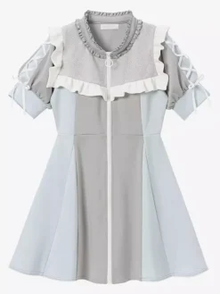 Robe Lolita en maille à volants col manches courtes bloc de couleurs fermeture éclair manteau uniforme de sous-culture