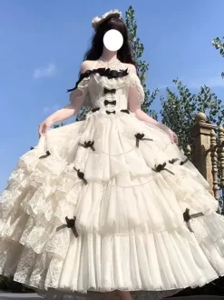 Robe Lolita fée blanche à lacets et n艙uds épaules dénudées style Lolita tea party