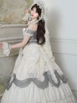 Robe Lolita fée blanche à volants épaules dénudées longueur au sol robe de bal Lolita pour tea party