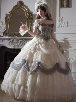 Robe Lolita fée blanche à volants épaules dénudées longueur au sol robe de bal Lolita pour tea party