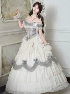 Robe Lolita fée blanche à volants épaules dénudées longueur au sol robe de bal Lolita pour tea party