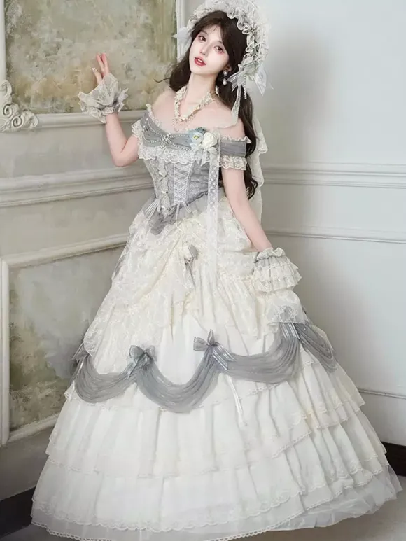 Robe Lolita fée blanche à volants épaules dénudées longueur au sol robe de bal Lolita pour tea party