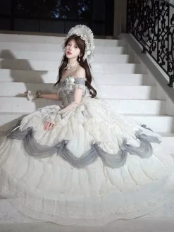 Robe Lolita fée blanche à volants épaules dénudées longueur au sol robe de bal Lolita pour tea party