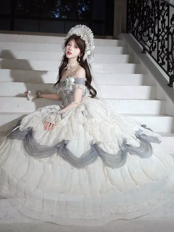 Robe Lolita fée blanche à volants épaules dénudées longueur au sol robe de bal Lolita pour tea party