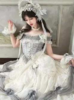 Robe Lolita fée blanche à volants épaules dénudées longueur au sol robe de bal Lolita pour tea party