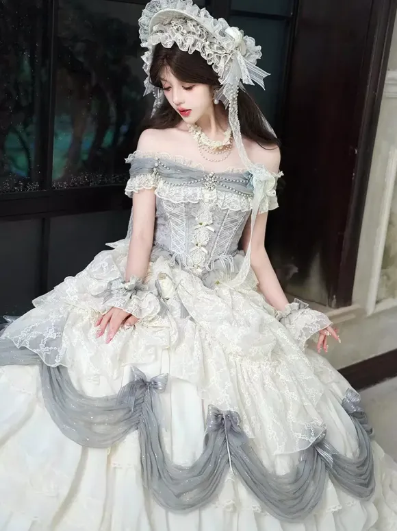 Robe Lolita fée blanche à volants épaules dénudées longueur au sol robe de bal Lolita pour tea party